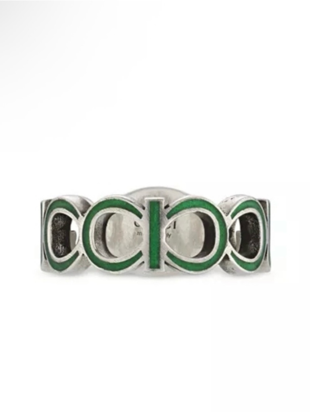 Gucci Sterling Silver Interlocked G Green Enamel Logo Ring - Picture 3 of 8